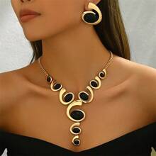 Juego de joyería de 3 piezas estilo bohemio clásico en forma de espiral de caracol, con rhinestones negros, collar en Y y aretes, de aleación, adecuado para uso diario y de fiesta