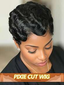 Deep Wave Pixie Cut Wigs Short Finger Wave Natural Black Color Full Machine Made Human Hair Remy Human Hair Wig - Natural Black - View 1