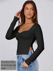 春夏新款INS甜心领长袖侧开衩Y2K风格黑色休闲T恤 - 黑色 - 查看 5