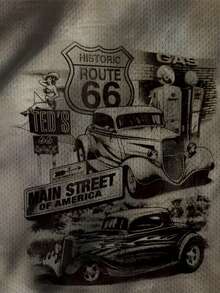 Men Plus Size Vintage Style T-Shirt With Route 66 Road Sign & Retro Car Print, Breathable Short Sleeve Top, Emo - Multicolor - View 8