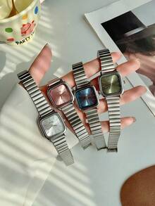 1 pieza Reloj de mujer de acero inoxidable plateado cuadrado clásico y elegante con movimiento de cuarzo. Esfera multicolor apto para uso diario. Como regalo para estudiantes - Unitalla - Ver 6