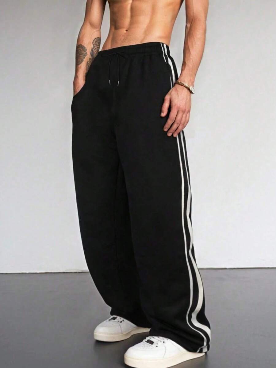 1 Piece Men's Sports Pants, Side White Stripes, Elastic Waist Drawstring, Suitable For Running Fitness, Boxer Shorts, Plain Simple, Suitable For Sports Fitness Friends;