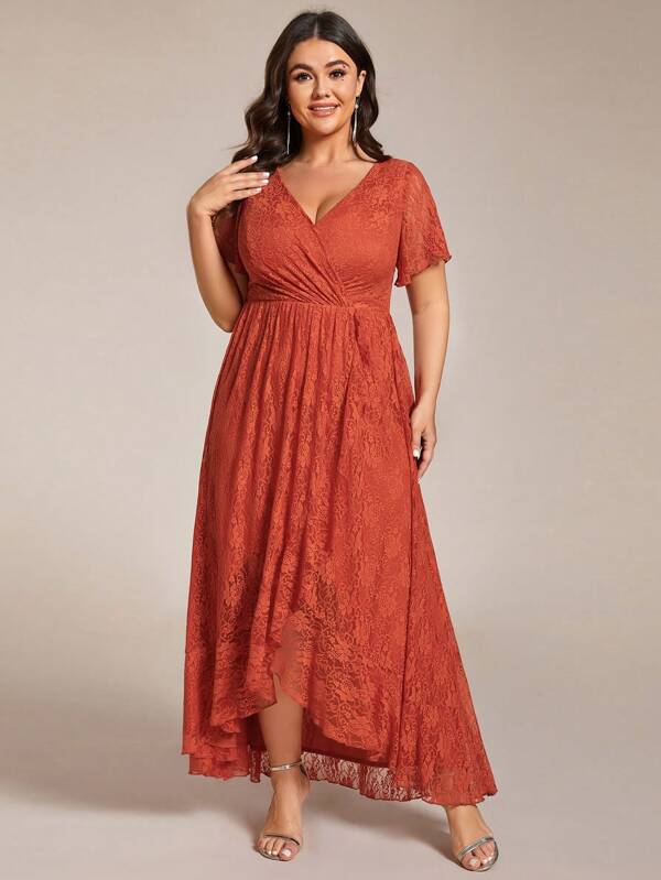EVERPRETTY Plus Size V Neck Short Sleeves Pleated High Low Mother Of Bride Lace Dresses