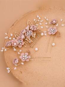 3pcs/Set Bridal Wedding Hair Accessories, Pink Fabric Flower Hairpin & Comb Combo