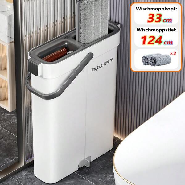 Joybos Mopp und Eimer mit Wringer-Set, Wischmopp und Eimer mit Auswringer-Set, Bodenwischer Set mit Eimer, 2 In 1 Putzeimer mit Wischmop, Freihändiger Flacher Bodenwischer und Eimer, mit 2 waschbaren Mikrofaser-Pads, Nass- und Trockengebrauch, Bodenreinigungssystem  für alle Arten Böden (Weiß)