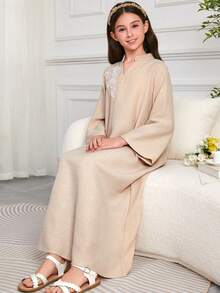 Tween Girl Abaya, Fashion Embroidered Solid Color Long Dress - Apricot - View 6