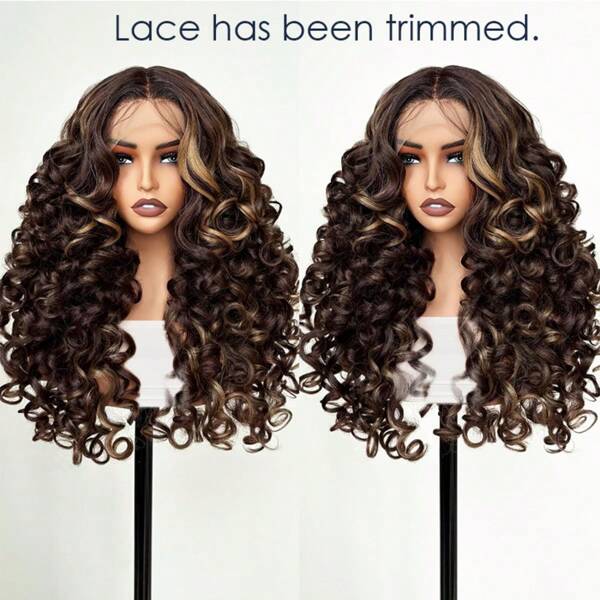 24 Inch Glueless Lace Wigs 4*1 Curly Wigs For Black Woman T-Part Synthetic Hair Glueless Rose Curly Wigs Hair 180% Density Pre Plucked Female Lace Wig Heat Resistant Fiber Protein Filament Hair