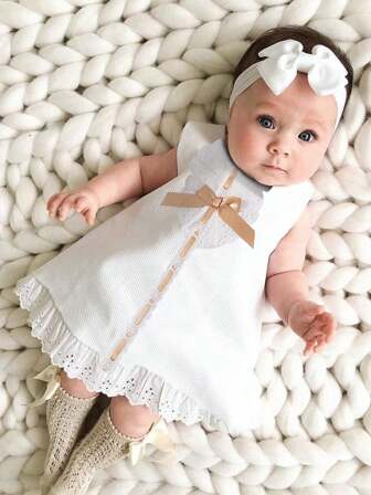 Baby Girl Sleeveless Bow Headband Dress 2 Pieces Set For Summer