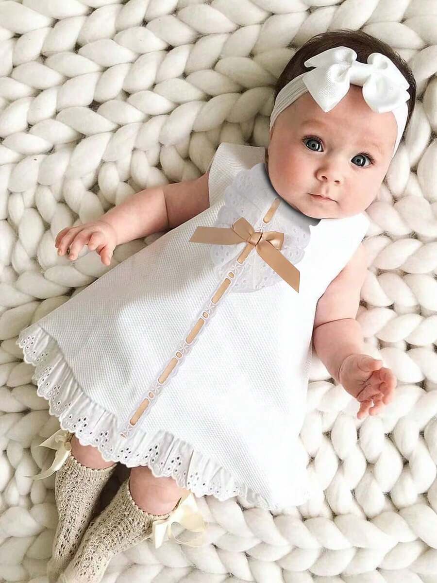 Baby Girl Sleeveless Bow Headband Dress 2 Pieces Set For Summer - White - View 1