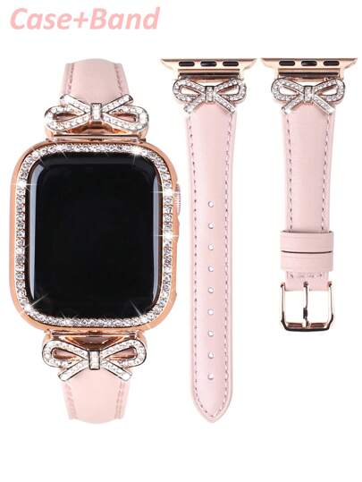 2 In 1 Rose Gold Butterfly Rhinestone Leather Strap + Sparkling Rhinestone Hollow Pc Case, Compatible With Apple Watch 40/41/42/44/45/49/46Mm, Casual Strap And Protective Case Compatible With Apple Watch Series 11/10/Ultra Se/9/8/7/6/5/4, Soft And Comfortable Leather With Butterfly Decoration, Fashionable Women'S Watch Band