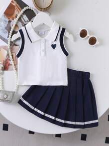 Conjunto de 2 piezas de top sin mangas con cuello polo con bordado de corazón y falda plisada para niñas, para el verano
