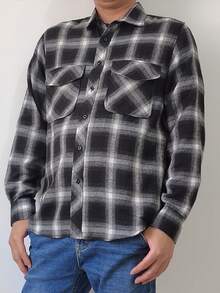 Men's Long Sleeve Plaid Flannel Shirt - 黑色 - 查看 6
