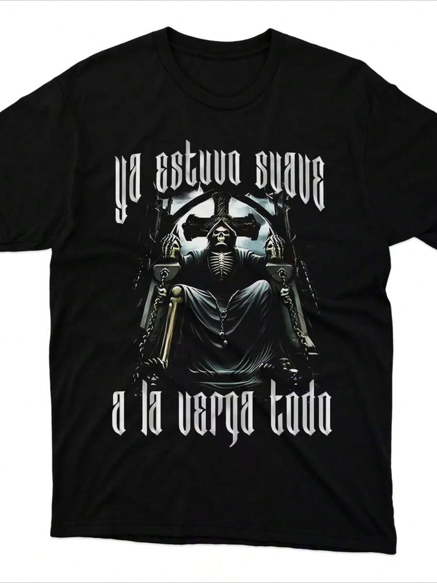 Playera informal de verano para hombre con estampado de calavera de arte mexicano, cuello redondo y manga corta, 100 % algodón, 220 g de algodón grueso. - Negro - Ver 1