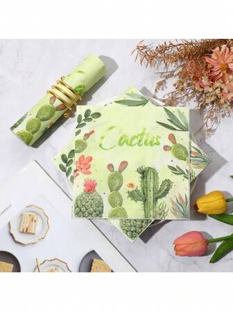20/40/60pcs Cactus Cocktail Beverage Napkins Disposable Paper, 6.5*6.5 Inch Decorative Cactus Flower Dessert Napkin For Wedding, Birthday, Tea Party, Dinner Supplies Tableware Decor