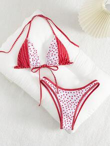 PEPPERMOLLY Women's Printed Triangle Bikini Set, Summer Beach Swimming Suit Vacation - Red - View 5