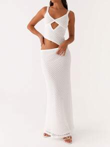 Women Crochet Knit Bodycon Maxi Dress Sexy Sleeveless Cut Out Boho Party Club Long Dress - trắng - Xem 2