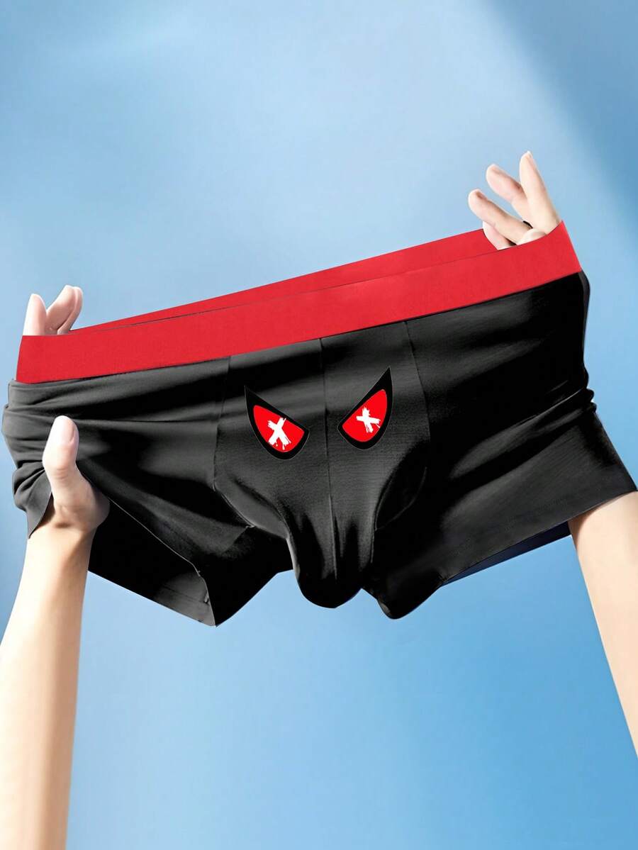 Men's Black Elastic Sexy Eye Print Pattern Boxer Briefs, Stretchy Everyday Loose Pouch Underwear - Black - View 1