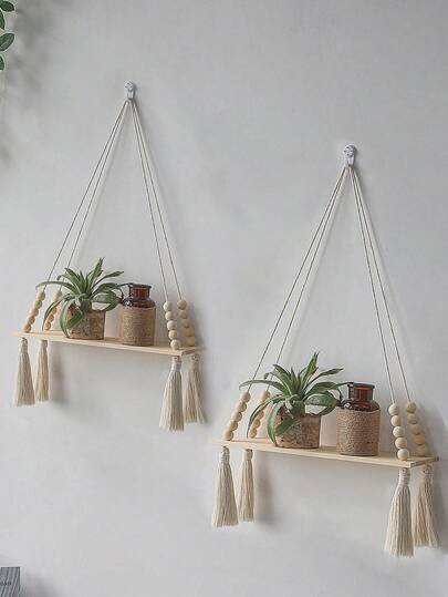 1件/2件装手工编织壁挂式收纳架 - 波西米亚风格木质壁挂式悬浮置物架，饰以木珠，质朴的悬挂式植物架，适用于卧室、客厅、宿舍、儿童房装饰