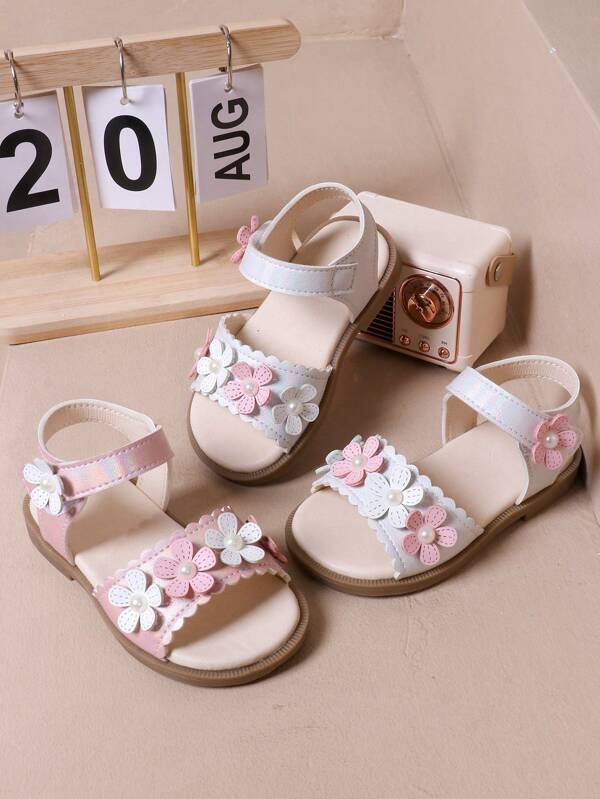 Baby Girls Sandals, Light Color Tone With Pink White Flower Decor, Pearls Embellished Center, Wavy Edge Design, Sweet And Exquisite, Hook And Loop Strap For Easy Wear, Suitable For Children Casual Daily Outing In Summer