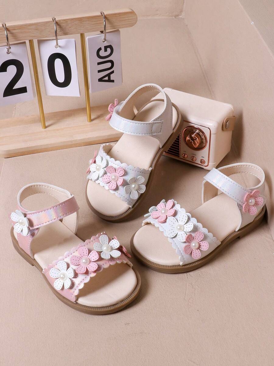 Girls' Sweet Floral Faux Pearl Sandals, Summer New Soft Sole Princess Shoes, Versatile Open Toe Toddler Walking Shoes - Pink - View 1