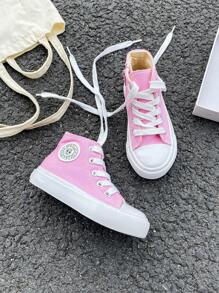 OPOEE White Canvas Shoes For Toddlers, Mid-Top Sneakers, Children's Casual Lace-Up Canvas Shoes, Korean Style, Boy & Girl, Spring/Autumn, Classic High-Top Canvas Sneakers, Versatile, Casual Sport & Skateboard Shoes For Kids