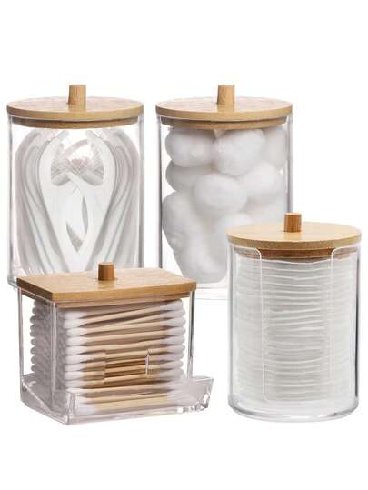4 Packs Qtip Holder Bathroom Containers, 10/7 Ounce Balls, Pad Dispensers, Medicine Bottles With Bamboo Lids For Organization And Storage (Beige)