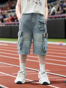 青少年男童夏季休闲工装牛仔短裤 - 淺藍色 - 查看 4