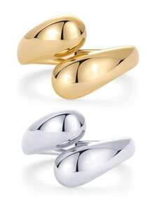 Fashionable Stainless Steel Plated Gold Thick Grooved Stack Rings, Daring Crossed Statement Rings For Women, Versatile For Everyday Wear - Multicolor - View 8