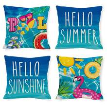 4PCS Hello Summer Pool Pillowcase, Tropical Plant Throw Pillow, Hello Sunshine Flamingo Decoration Farmhouse Sofa Upholstery Cover, Single Side, No Pillow Core