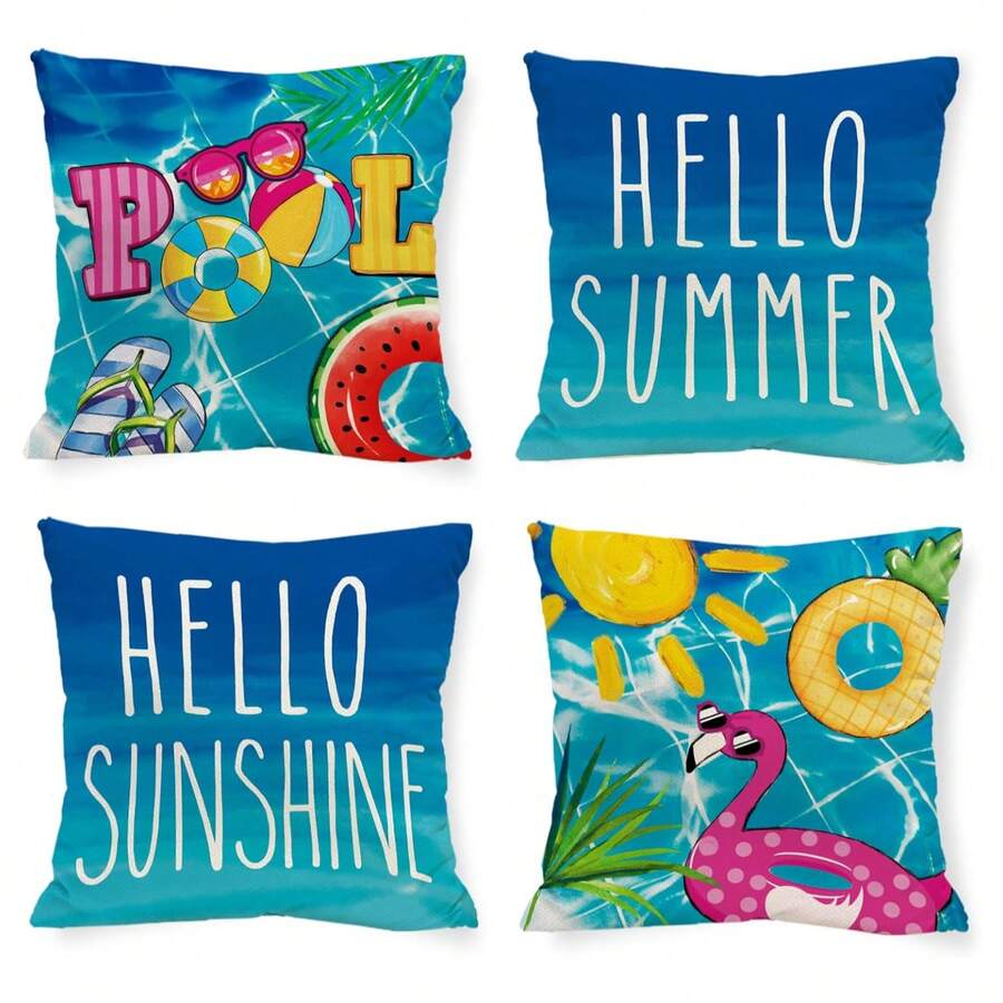 4PCS Hello Summer Pool Pillowcase, Tropical Plant Throw Pillow, Hello Sunshine Flamingo Decoration Farmhouse Sofa Upholstery Cover, Single Side, No Pillow Core