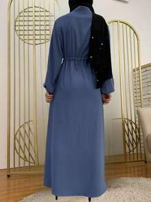 Women's Fashion Lapel Solid Color Long Sleeve Dress, Loose Long Dress - Blue - View 3