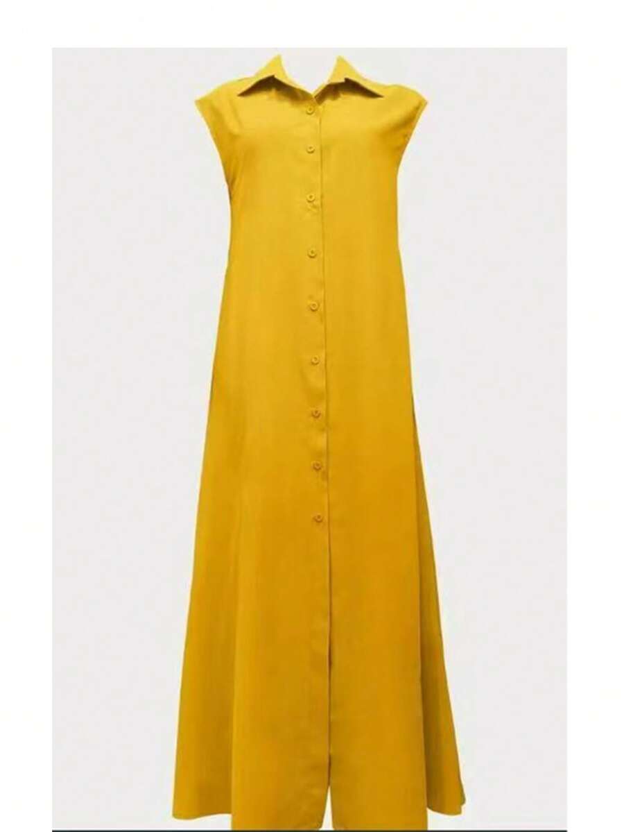 Women's Casual Commute Solid Color Front Button Long Dress Yellow Elegant Summer - Yellow - View 1