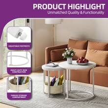 Coffee Table For Living Room, Nest Of Tables Set Of 2 With Storage, Small Round Table 60X60X50.5CM, Wooden Side Table With Sturdy Metal Frame, Easy Assembly