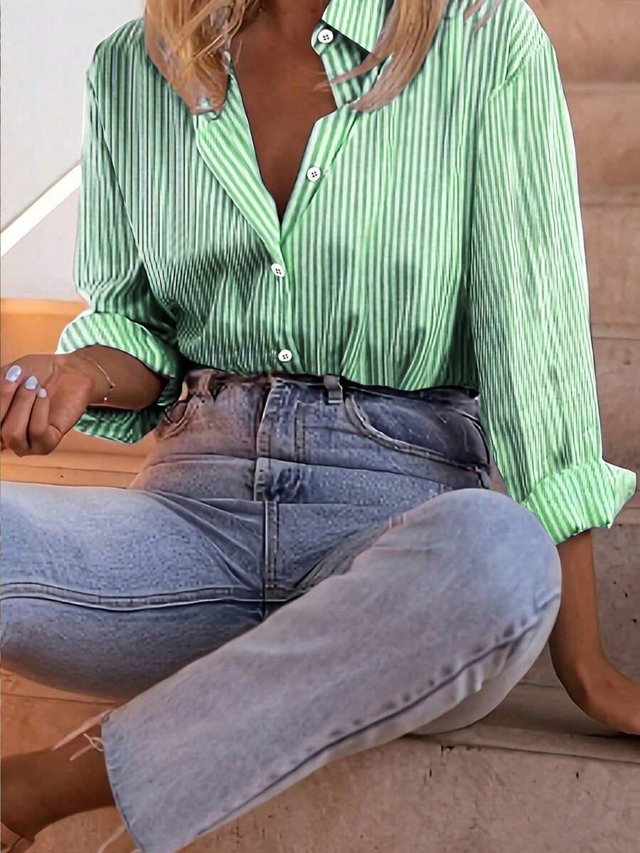 Women's Striped Casual Stylish Blouse, Suitable For Summer - Green - View 1