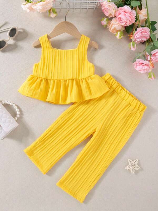 Set de 2 piezas de ropa de verano para niña bebé - Conjunto de top de tirantes a rayas y pantalones