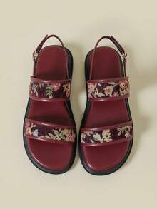 Women's Thick Sole Strap Buckle Sandals, Random Floral Print Bohemian Style Retro Peep Toe Comfortable Platform Wedge Shoes, Suitable For Summer Beach, Spring/Autumn, Plus Size 41-43 - Burgundy - View 6