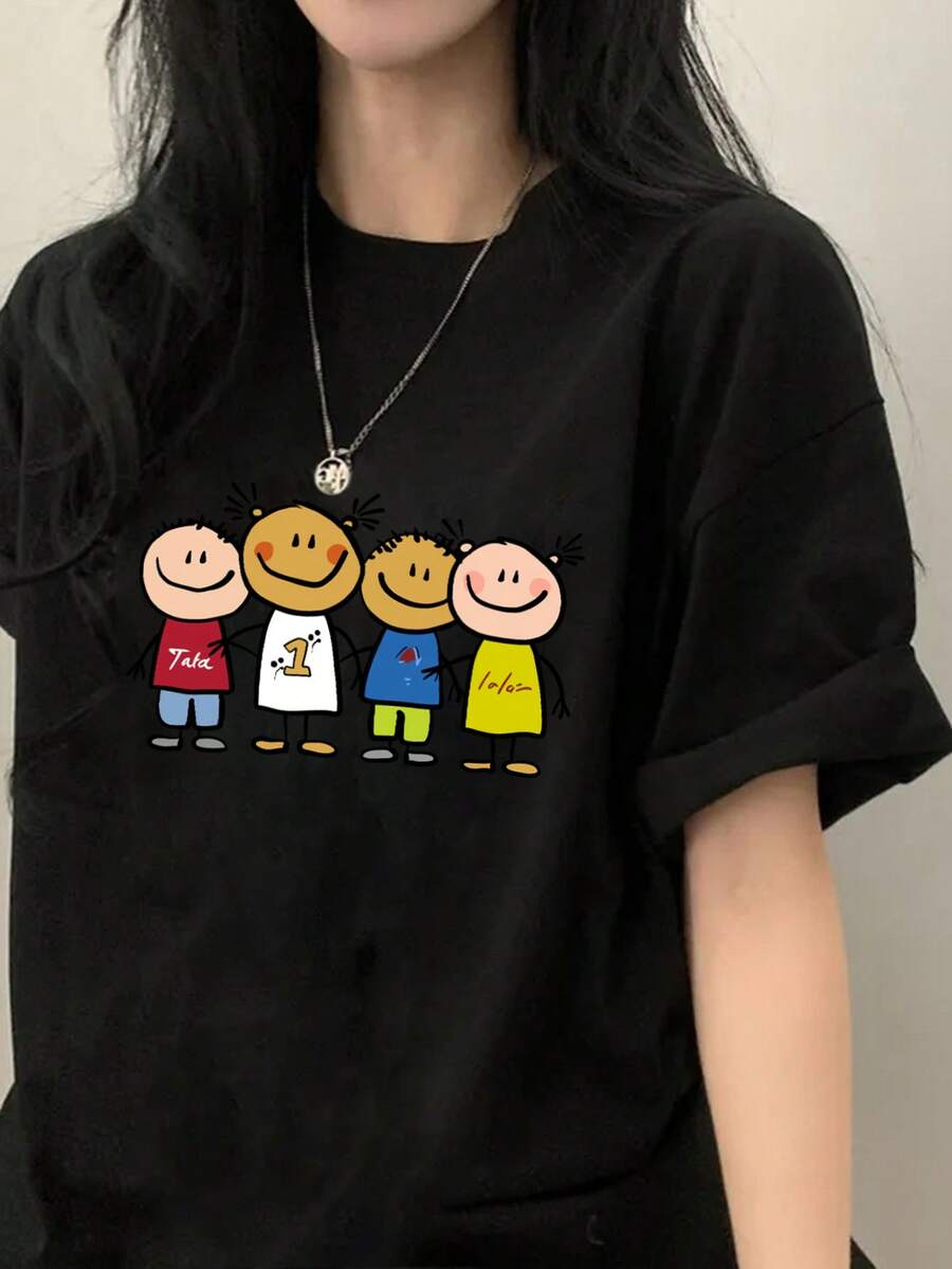Japanese Style Women's Casual Pure Cotton Round Neck Loose Fit Simple Cartoon Print Short Sleeve T-Shirt, Spring/Summer - Black - View 1