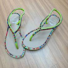 Women's Luxury Rhinestone Flat Sandal Art Griffe Paris Christmas New Year's Eve - GREEN/Ivory - View 2