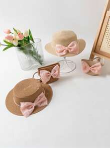 2pcs/Set Girl's Cute Ditsy Floral Bow Princess Sun Hat, Summer Shading Beach Hat Perfect For Daily & Outing
