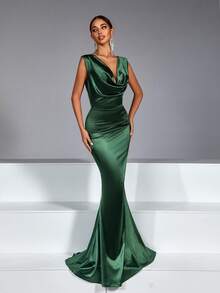 1pc Solid Color Elegant Backless Bodycon Dress With Side Zipper, Suitable For Valentine's Day Party - Dark Green - View 2