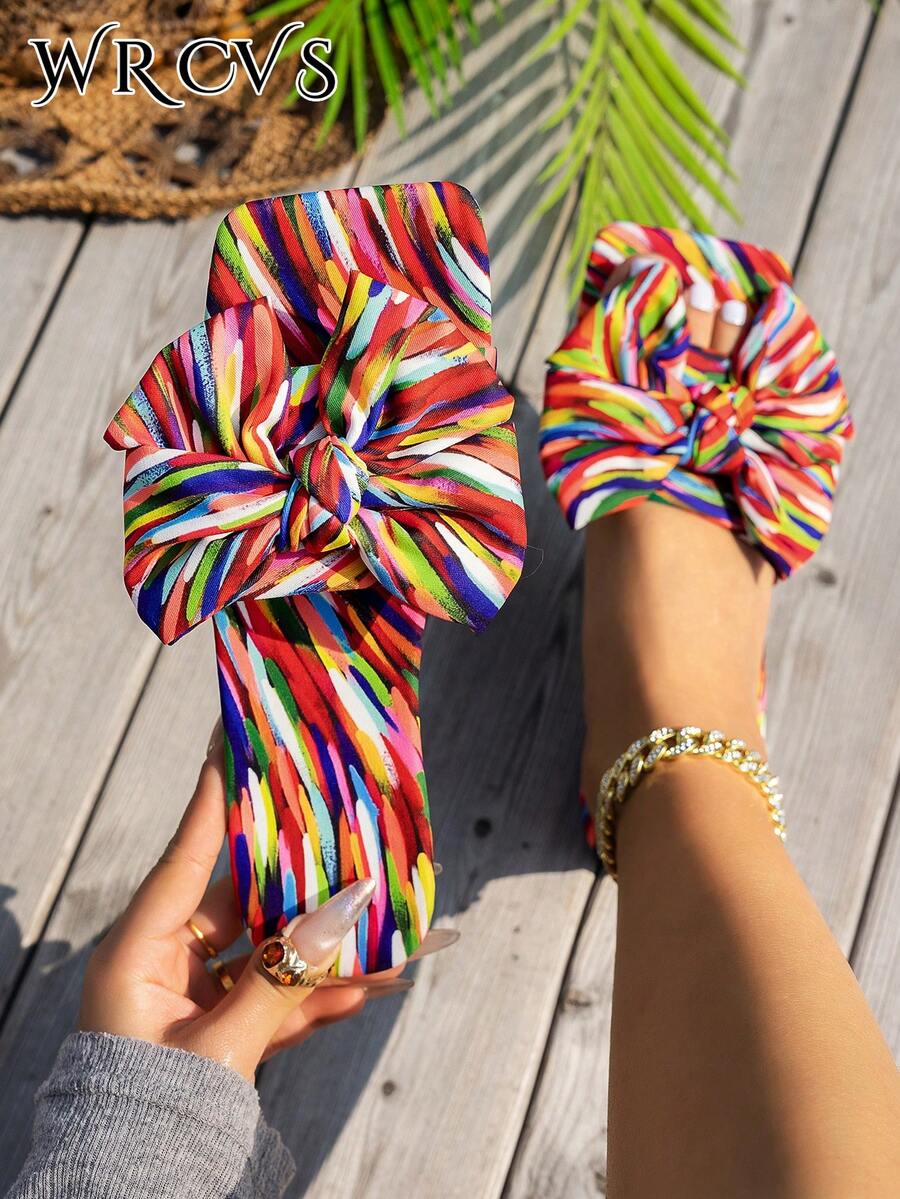 WRCVS Sandals bệt phong cách Bohemian sọc màu sắc trang trí nơ lớn, dép đi biển tiệc tùng quyến rũ cho nữ, giày mùa hè