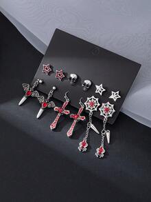 6 对哥特式风格水钻不对称五角星骷髅、星座、蝙蝠、剑、心形、蜘蛛网、锥形吊饰时尚派对耳环套装 - 彩色 - 查看 3