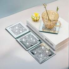一套4个/2个奢华银色玻璃杯垫，饰有水晶碎钻图案，隔热方形桌垫，适用于茶、咖啡、酒吧、家居装饰 - 优雅玻璃镜面抛光