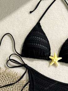 New Arrivals Women Solid Starfish Bikini Swimwear, European & American Style 3-Point Bikini, Solid Color Swimsuit, Elegant Backless Tie-Up Design