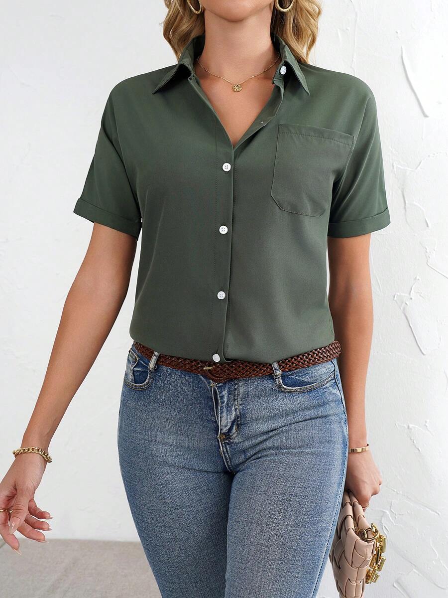Blusa casual da donna a maniche corte, monocolore, per attività all'aperto, semplice e verde