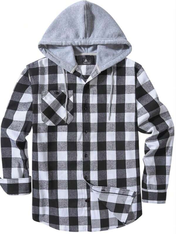 Camisas con capucha de franela para hombres, chaquetas casuales de manga larga a cuadros