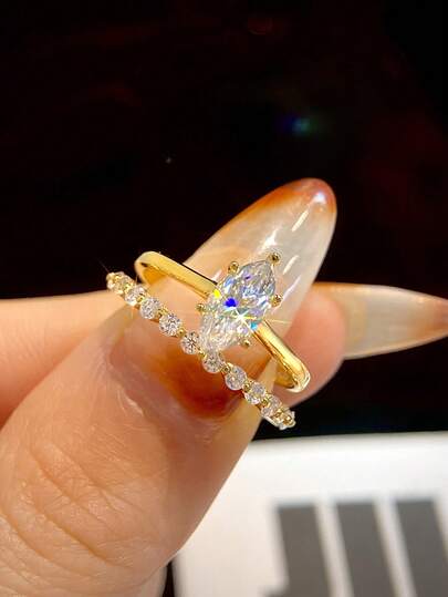 2Pcs/Set 1ct Horse Eye Shape & Single Row Design Colorless Moissanite Diamond 2 In 1 Double Rings Set Ladies Engagement Ring S925 Sterling Silver Simple Romantic Couple Ring Eternity Ring Wedding Anniversary Ring Luxury Jewelry Gift