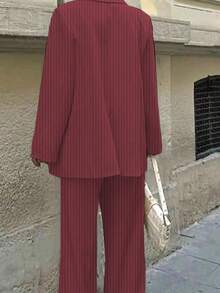 女士休闲通勤条纹夹克、裤子、背心三件套西装套装，春夏