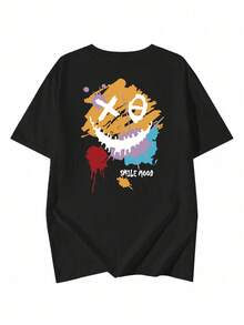 日本风格女式棉质宽松碎花灰色休闲百搭卡通涂鸦笑脸印花短袖T恤，春夏 - 黑色 - 查看 3