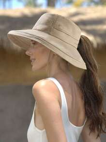 1 pièce Chapeau de soleil pour femmes, chapeau de jardin à large bord avec trou pour queue de cheval, protection solaire pour la plage, matériau respirant, chapeau d'été avec bord relevable